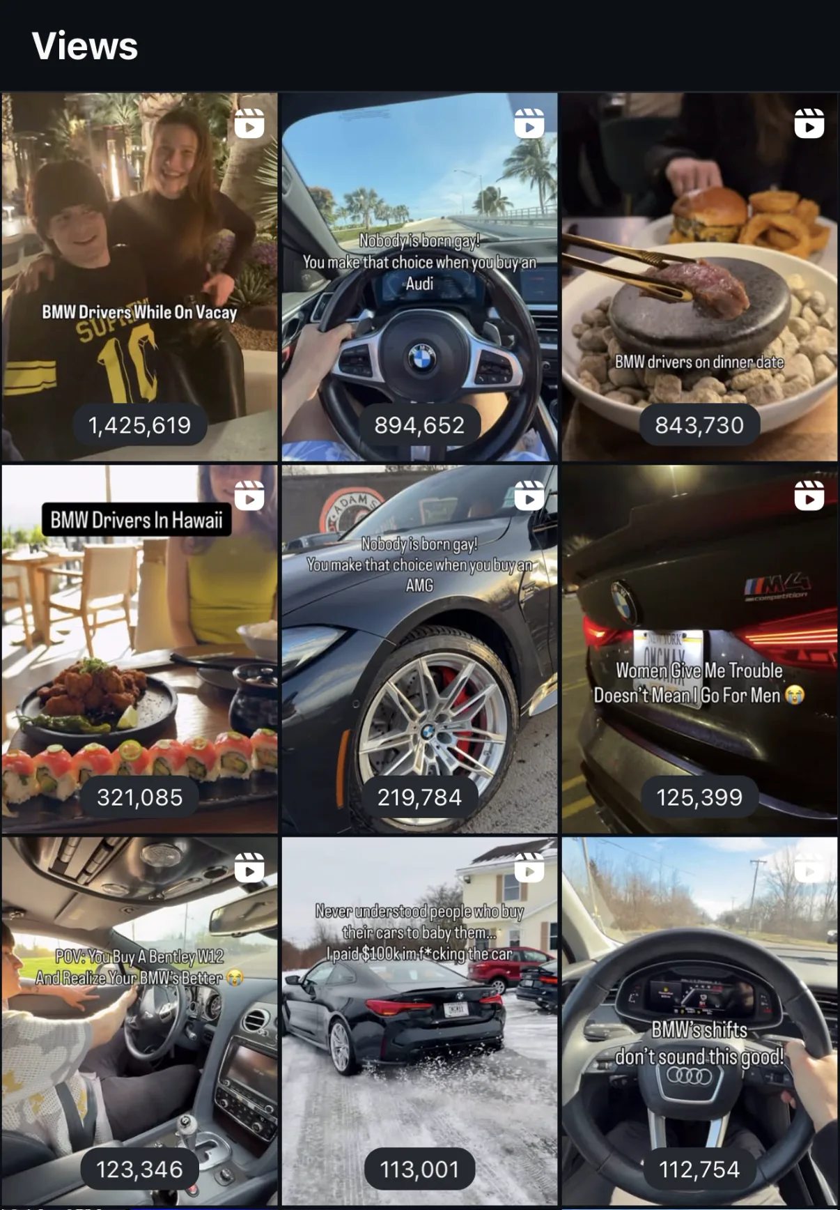 Instagram insights showing 1.4M, 894K and 843K views on Max's reels