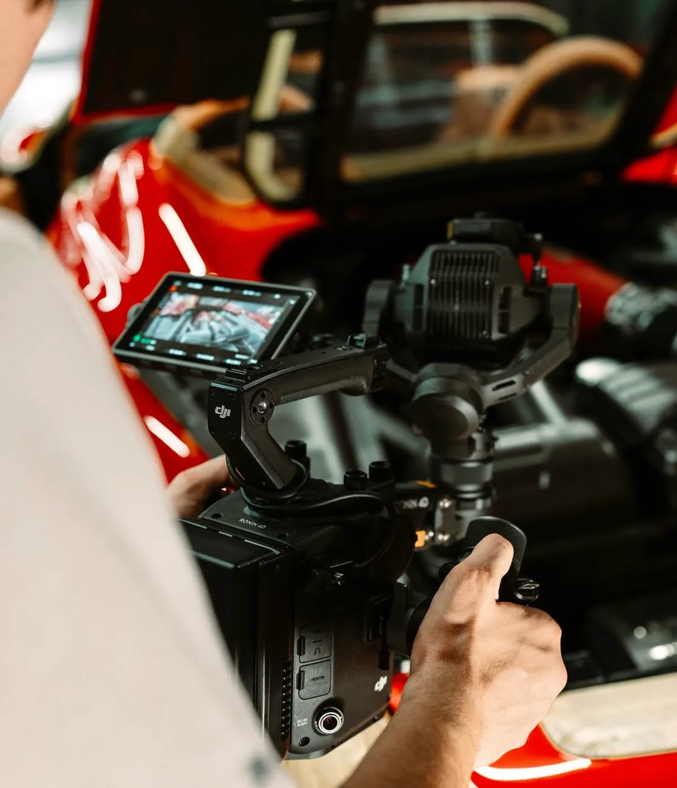 Max framing an engine bay on the Ronin 4D monitor